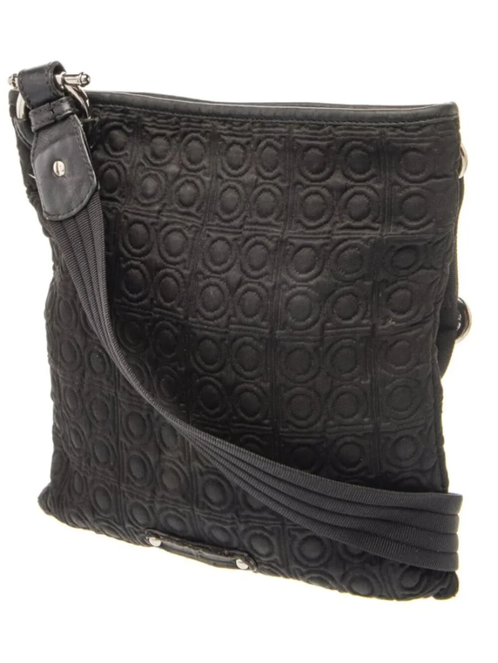 Salvatore Ferragamo Gancini Monogram Jacquard Messenger Crossbody Bag Black Flat